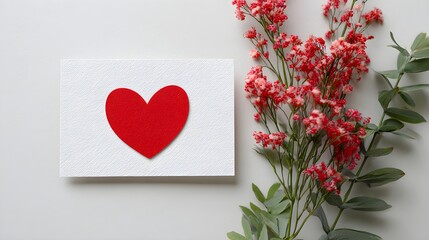 Minimal romantic flat lay with red paper cut-out heart placed on clean bright white surface, love and Valentine?? concept --ar 16:9