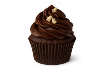 Chocolate cupcake with rich frosting, decorated with small white curls, representing sweet desserts and indulgence, transparent background