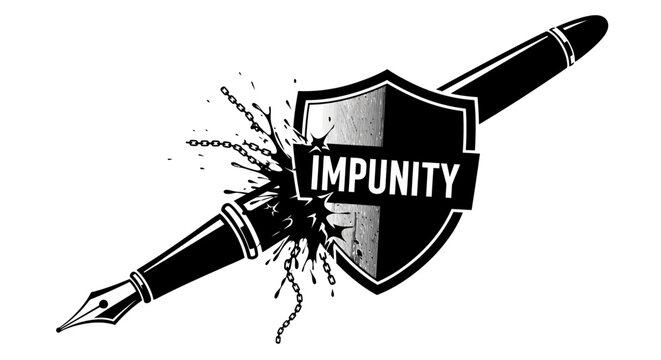A fountain pen pierces a shield labeled impunity, symbolizing the fight for justice and freedom of the press.
