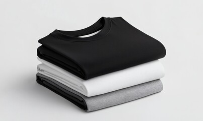 Stacking pile of folded blank black, grey, gray, and white t-shirts with a round neck and a white background cutout. A mockup template for graphic design artwork,
