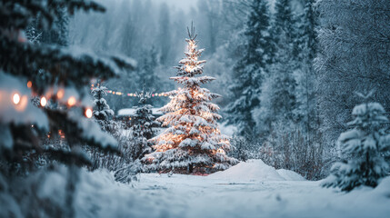 A beautifully decorated Christmas tree stands in a snowy landscape, glowing with warm lights amidst a tranquil winter scene