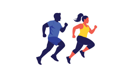 Fototapeta premium Silhouettes of a man and woman running side by side on a white background.