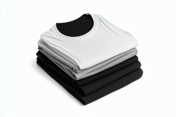 Stacking pile of folded blank black, grey, gray, and white t-shirts with a round neck and a white background cutout. A mockup template for graphic design artwork,
