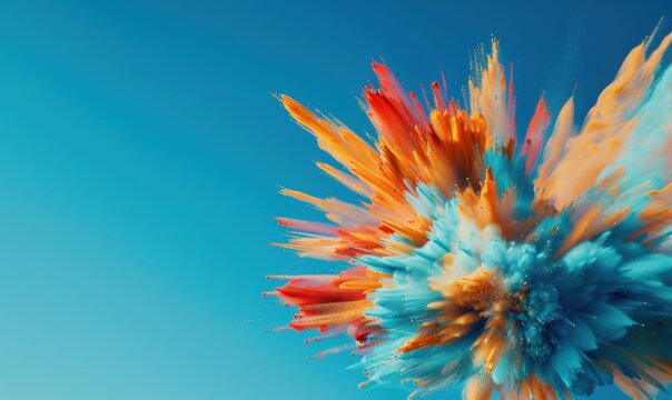 Colorful paint powder explosion against bright blue sky background