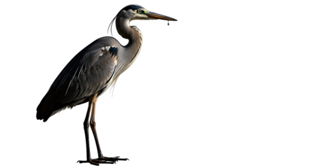 Great Blue Heron standing tall with a catch in its beak isolated on transparent background, png