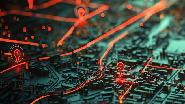 A detailed digital map illustrates city streets with glowing red markers, highlighting key locations and demonstrating advanced navigation technology in an urban setting.
