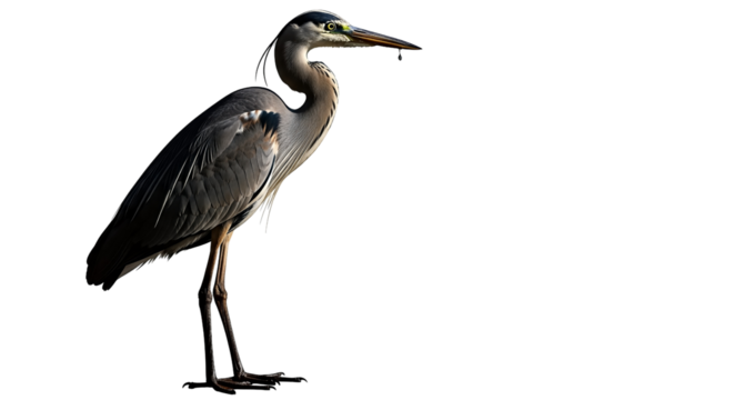 Great Blue Heron standing tall with a catch in its beak isolated on transparent background, png