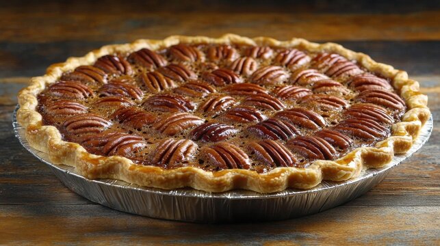 Close up of homemade pecan pie with golden crust delicious dessert sweet pastry food background