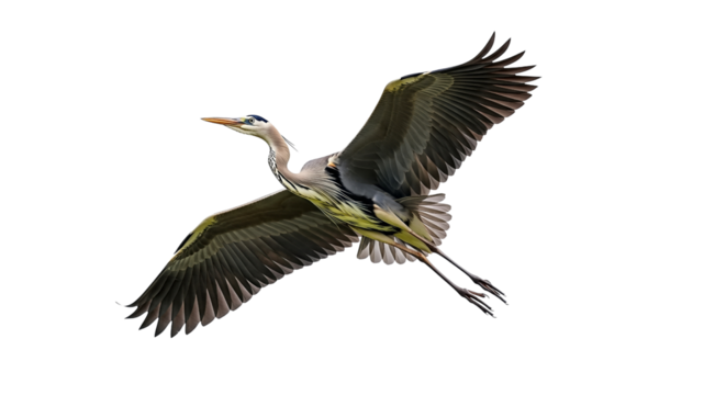 Great Blue Heron in Flight with Wings Spread Wide isolated on transparent background, png
