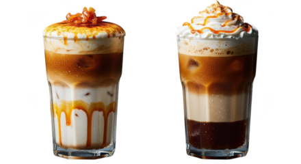 Two glasses of iced coffee with caramel drizzle and toppings, one with a layered look and the other with whipped cream isolated on transparent background