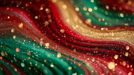 Vibrant abstract background featuring flowing red, green, and gold textures, creating a festive atmosphere perfect for holiday themes