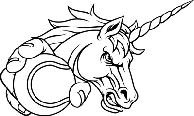 Unicorn horse stallion angry tennis sports team mascot holding a ball.