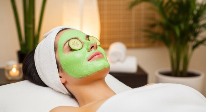 Woman relaxing with green facial mask and cucumber slices. - Powered by Adobe