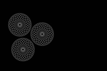 Minimal abstract arrangement of three circular dotted wireframe structures on a dark background, forming a balanced geometric layout ideal for modern technology and futuristic digital design concepts