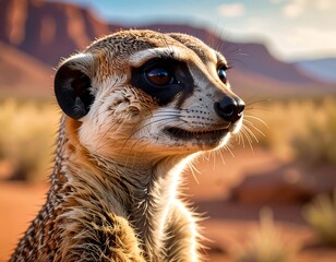 A close-up portrait of a meerkat, alert and vigilant, gazing off-camera. Soft lighting bathes its fur as it sits in a desert environment