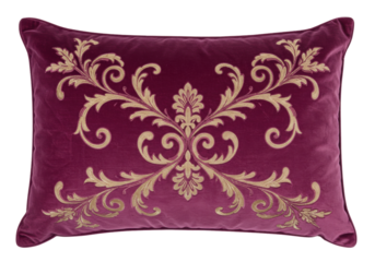 Isolated purple plum velvet cushion with gold embroidered floral damask scroll design, indoor pillow