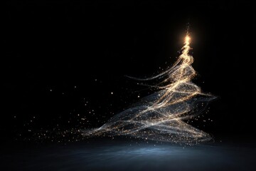 Abstract glowing light particles forming a christmas tree shape with a bright golden star on top against a dark background