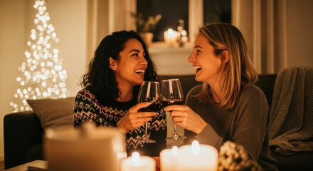 Two joyful female friends toasting with wine glasses amidst Christmas tree and candlelight, celebrating friendship and holiday cheer.