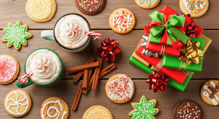 Festive Christmas treats: Gingerbread cookies, spiced latte, gifts, and holiday decorations arranged on a wooden table