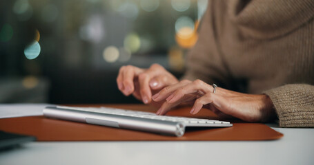 Hands, typing and business woman in office for report, email response and feedback. Keyboard,...
