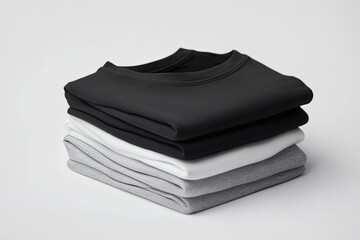 Stacking pile of folded blank black, grey, gray, and white t-shirts with a round neck and a white background cutout. A mockup template for graphic design artwork,
