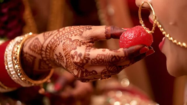 Indian bride feeding traditional sweet ritual during wedding ceremony showing intricate mehendi henna designs gold jewelry