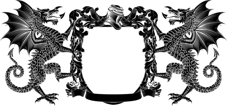 Dragons coat of arms or crest family heraldry medieval heraldic knight shield with helmet and acanthus filigree scroll ornament in a vintage woodcut style.