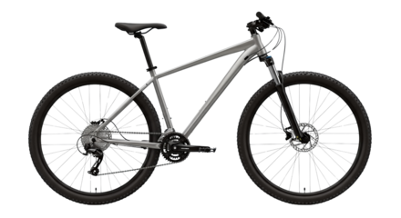Modern Gray Mountain Bike with Disc Brakes and Suspension Fork isolated on transparent background, png