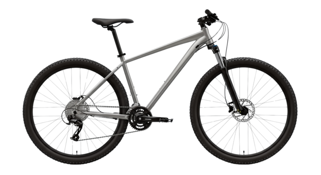 Modern Gray Mountain Bike with Disc Brakes and Suspension Fork isolated on transparent background, png