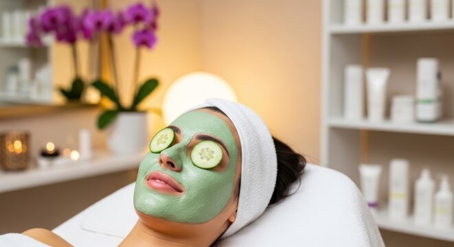 Woman relaxing with green facial mask and cucumber slices.