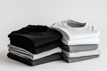 Stacking pile of folded blank black, grey, gray, and white t-shirts with a round neck and a white background cutout. A mockup template for graphic design artwork,
