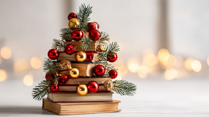 Stacked books adorned with colorful ornaments and pine branches, evoking a cozy Christmas spirit with warm bokeh lights in the background