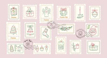 Winter Christmas postage stamps. Postal vintage sticker, icon, label, mail postmark. Hand drawn Christmas tree, gifts, bow, wreath. Vector illustration.