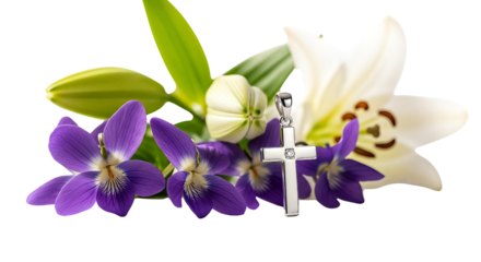 Silver Cross Pendant with Lilies and Violets isolated on transparent background, png