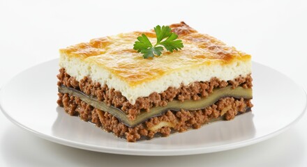 A delicious slice of traditional Greek Moussaka on a white plate.