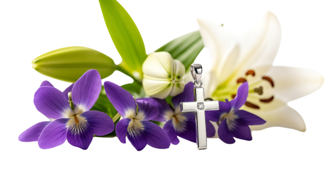 Silver Cross Pendant with Lilies and Violets isolated on transparent background, png
