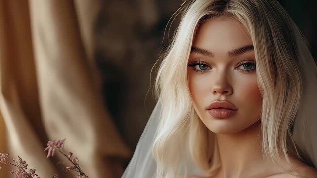 A bride poses elegantly in a vintage room, surrounded by an array of vibrant flowers. Soft light highlights her beauty and the delicate details of her gown.