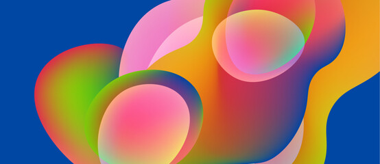 Abstract colorful shapes overlap. Vibrant gradients create fluid forms, suggesting movement, energy, modern design. Bright hues dominate composition.