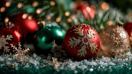 Vibrant Christmas ornaments in red, green, and gold, surrounded by snowflakes and pine branches, evoking a joyful holiday spirit