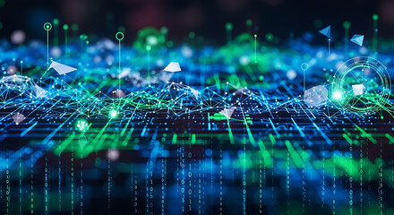 Abstract digital landscape with binary code and network connections in blue and green hues