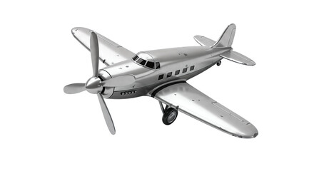 Vintage Silver Airplane with Propeller and Wings isolated on transparent background, png