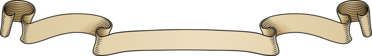 Scroll banner ribbon parchment band in an old vintage woodcut etching style.