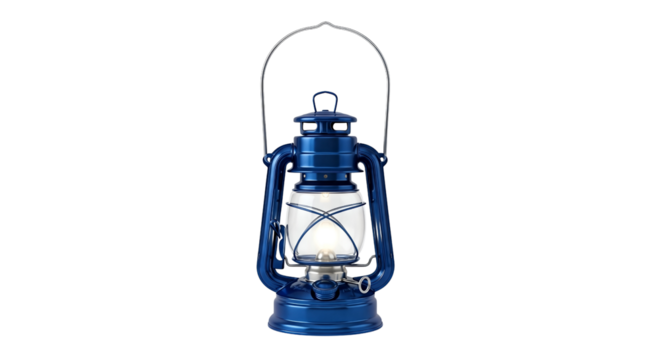 Vintage Blue Oil Lantern with Metal Handle and Glass Globe isolated on transparent background, png