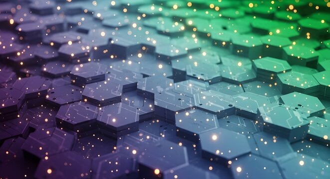 Futuristic abstract background of glowing purple and green hexagonal grid structure.
