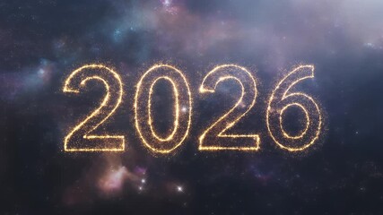 Vibrant golden number 2026 glowing brightly in a starry cosmic void, representing the advent of a new year, future aspirations, and dynamic possibilities