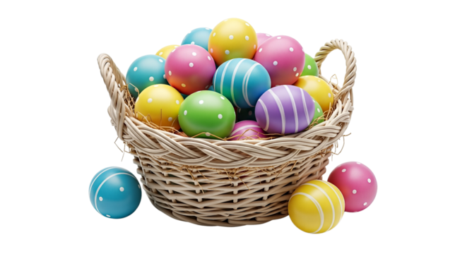 Wicker basket overflowing with colorful decorated Easter eggs isolated on transparent background, png