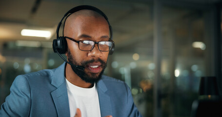 Call center, consultant and business black man in office for security, emergency hotline and night....