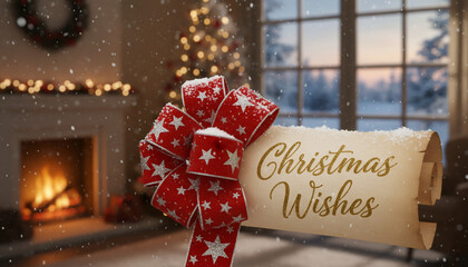 Festive Christmas scene with a scroll wishing happy holidays, featuring a fireplace.