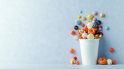 A white bucket overflows with a vibrant assortment of Halloween candies and small decorative pumpkins, scattered across a light blue surface.