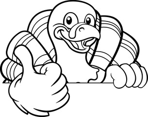 Fototapeta na wymiar A turkey Thanksgiving cartoon bird Christmas mascot peeking around a sign with copy space